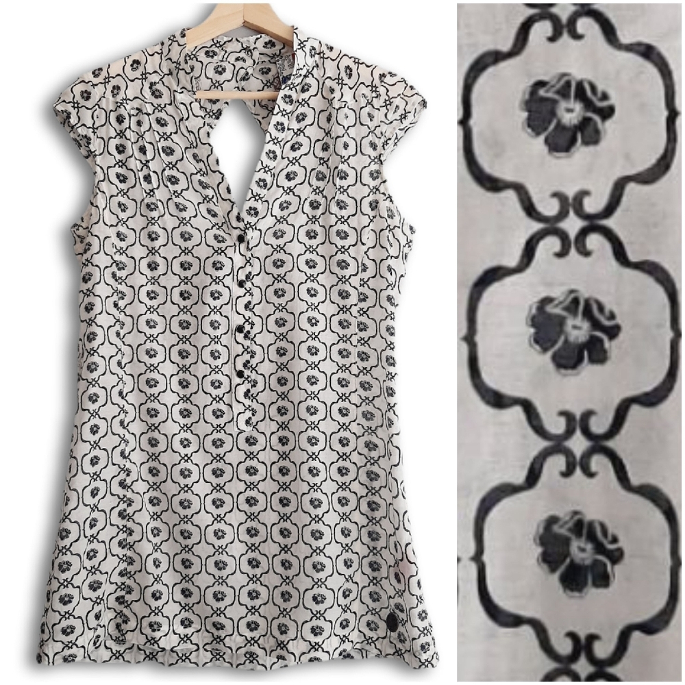 3STONES Cotton Silk Blend Sleeveless Tunic Blouse Top Floral Geometric Sz M Flaw
